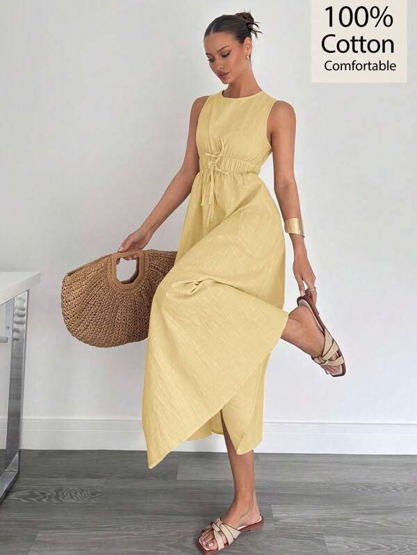 Siren Gaze Vestido largo de lino sin mangas de corte evasé para mujer, para primavera/verano