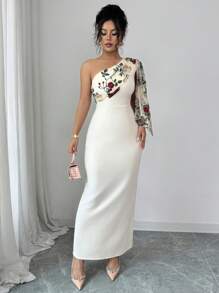 Rafferiza Sexy asymmetrisches Hals Spitze Patchwork Mesh figurbetontes Kleid mit Taillenziehung und Schlitz - Aprikosenfarben - Übersicht 1