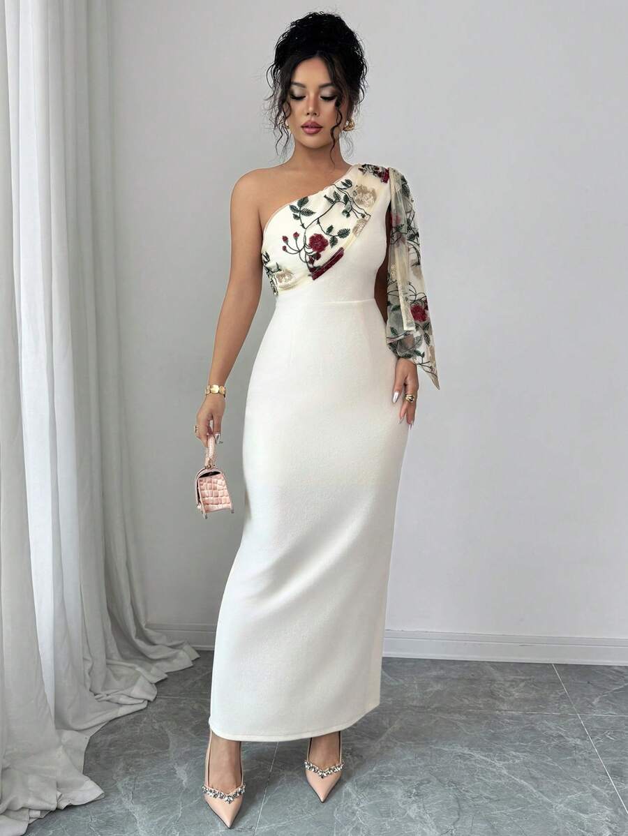 Rafferiza Sexy asymmetrisches Hals Spitze Patchwork Mesh figurbetontes Kleid mit Taillenziehung und Schlitz - Aprikosenfarben - Übersicht 1