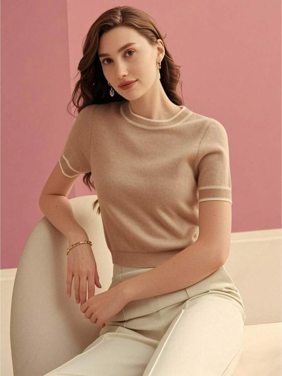 MOTF PREMIUM CONTRAST TRIM SHORT SLEEVE KNIT TOP KNIT PULLOVER FALL WINTER