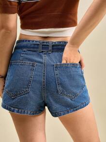 Muvela 女式蓝色牛仔短裙带口袋，低腰迷你裙裤配腰带，INS风，休闲学院风 - 中等水洗藍 - 查看 8
