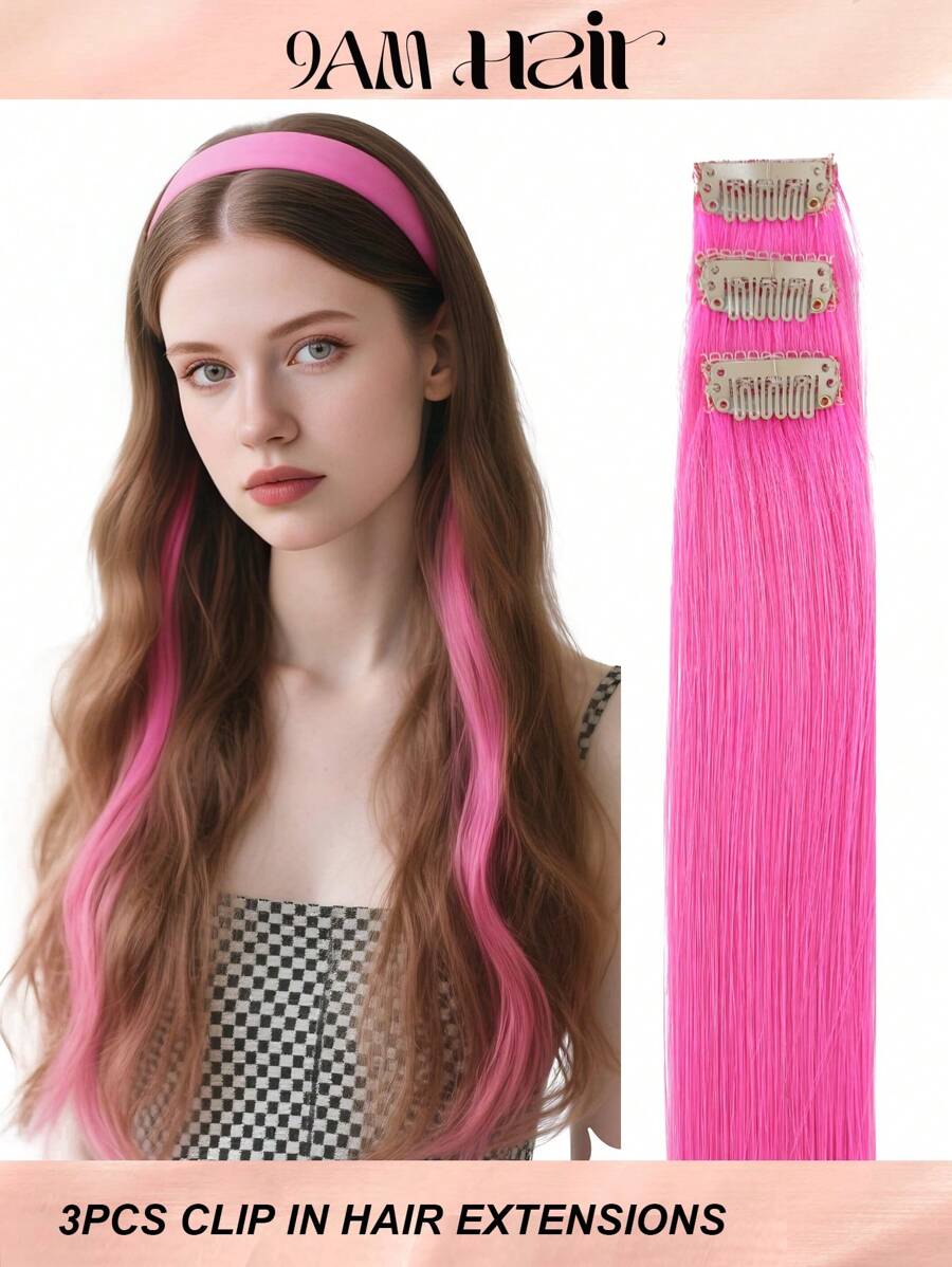 Colored Clip In Hair Extensions 100% Real Human Hair 18 Inch 3Pcs Pink Invisible Straight Highlight Colorful Hairpieces Rainbow Hair Extension For Women/Girls - SPink - View 1