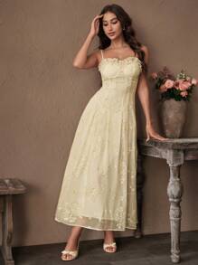 Savoree 时尚法式透明亮片面料无袖连衣裙，荷叶边装饰，收腰，及踝长，浅黄色，适合春夏季 - 黃色 - 查看 6