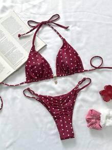 Elavelle Springbreak 女式波尔卡圆点随机印花金属装饰细肩带性感比基尼泳装套装，夏季沙滩装 - 彩色 - 查看 3