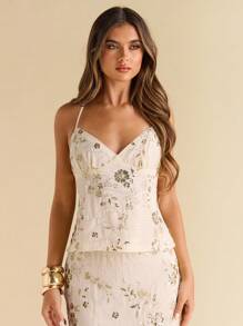 SHEIN BAE 纯色粉彩提花无袖吊带衫，度假风吊带背心，提花上衣，适合春夏穿着 - 杏色 - 查看 6