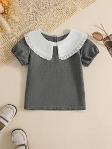 SHEIN 2pcs/Set Young Girls Elegant Blouse & Pants Set Young Girl Summer Outfits Young Girl Grey Outfits Girls Ruffle Collar Outfit Back To School Uniform - Grey - View 6