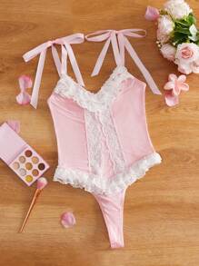 Enterizo sexy adorable y encantador estilo princesa, con diseño exagerado de varios niveles de encaje floral, volantes de satén, volantes y moño, adecuado para festivales de música, fiestas, en color rosa y blanco - Rosa - Ver 8