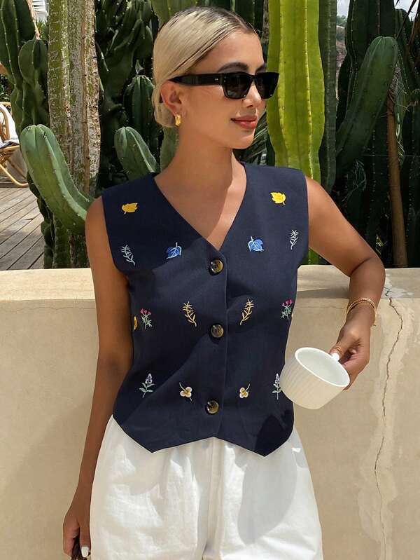 Livesso Jachetă de vară casual pentru femei, cu broderie florală, fără mâneci, cu decolteu în V, tip V-cool