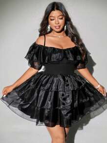 Viva Relle Vestido de talla grande de unicolor con cintura de malla - Negro - Ver 1