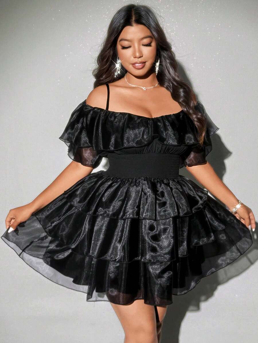 Viva Relle Vestido de talla grande de unicolor con cintura de malla - Negro - Ver 1