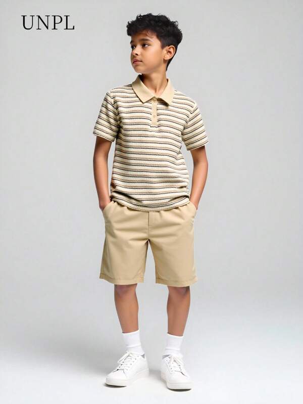 SHEIN 2 pezzi Set polo a righe e pantaloncini a motivo waffle per ragazzi, adatto per uso quotidiano estivo e ricreazione