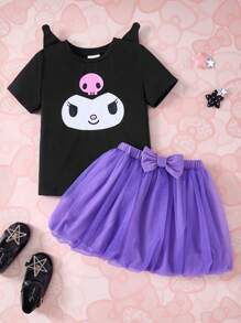 HELLO KITTY AND FRIENDS | SHEIN 年轻女孩卡通猫耳图案黑色可爱图案 T 恤和紫色薄纱裙套装，休闲装 - 紫色 - 查看 8
