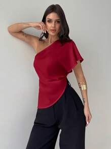 Firerie Women Modest Asymmetrical Neck Blouse, Casual Elegant Office And Wedding Guest, Spring/Summer, Asymmetric Ruched Hem Textured Fabric Red Top - Burgundy - View 4