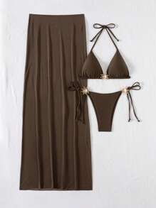 Bonvoyette 3 件纯色三角形无线吊带上衣、侧系带比基尼泳裤和长网裙，女士夏季沙滩游泳度假泳装套装 - 咖啡棕 - 查看 4