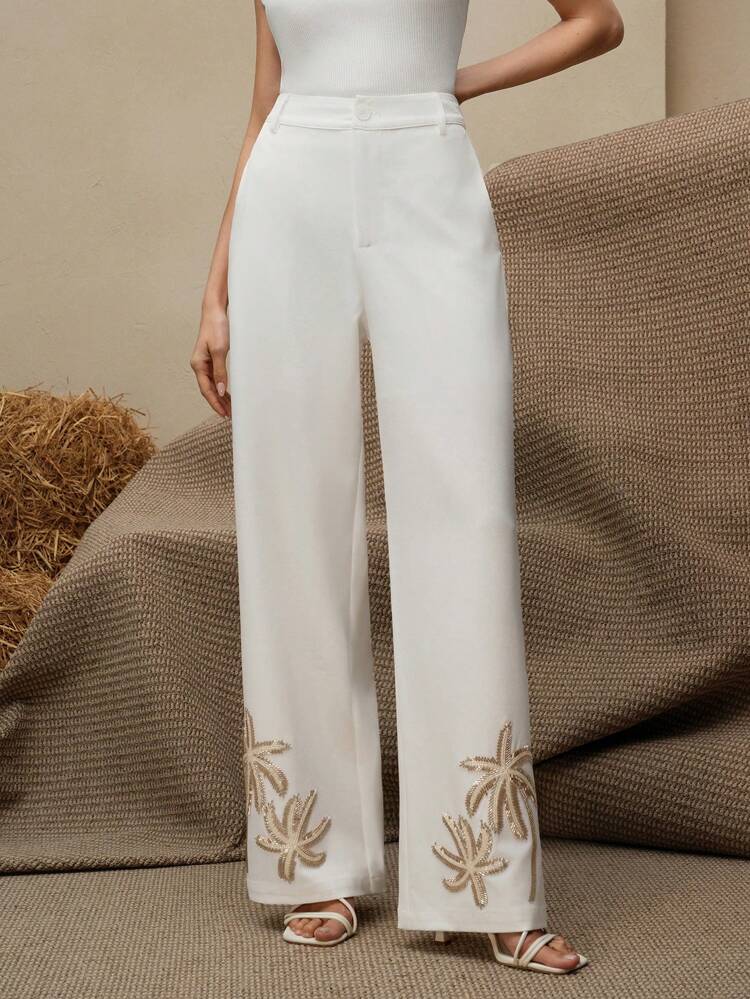 Women's Elegant High-Grade Beaded Embroidery Hem Mid-Waist Pants