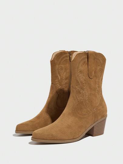 Daringsoles Women's Khaki Suede Western Side Zipper Embroidered Ankle Boots, Versatile Pointed Toe Chunky Heel Short Booties