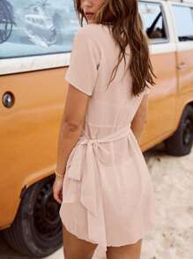 Swim Vcay Vacation Style Solid Color Waist Tie Short Sleeve Cover Up For Women