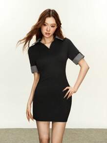 INAWLY Abito aderente da donna con collo polo, a maniche corte, con scollo a V, in stile colorblock e patchwork a quadri, adatto per uscite quotidiane, eleganti spostamenti, appuntamenti - nero - Visualizzare 4