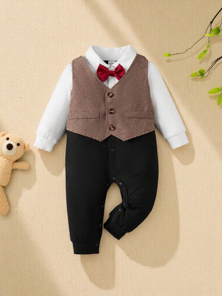 Souflis Souflis Baby Boy Collared Long Sleeve Vest Style Contrast Color Blocking Faux Pockets Bow Decor Jumpsuit, Spring/Autumn - Multicolor - View 1