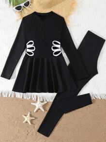 青少年女童分体泳衣，女童大童度假分体泳衣，侧面镂空设计，时尚休闲优雅泳装，大童夏季泳衣黑色长袖长裤泳衣，适合游泳、度假 - 黑色 - 查看 3