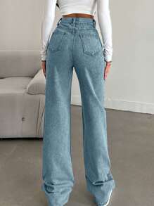 SHEIN Tall Jeans taille haute à jambe droite effet neige lavé pour grandes tailles - Jean clair - Voir 2