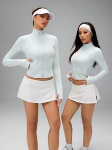 SHEIN PETITE 女款修身立領防紫外線快乾輕量戶外夾克，適合戶外休閒、運動、登山，小碼女款 - 淺藍色 - 查看 8