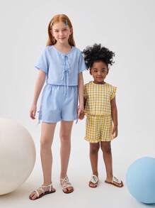 SHEIN Tween 女童格子印花圆领蝴蝶结装饰休闲短袖短款衬衫配蝴蝶结短裤 2 件套，适合返校、休闲度假和日常穿着