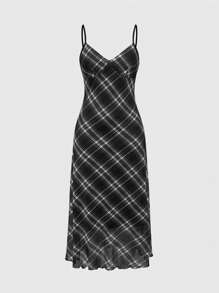 ROMWE Fairycore 返校格子无袖休闲连衣裙，简约学院风，适合日常穿着，加大码 - 黑色 - 查看 1