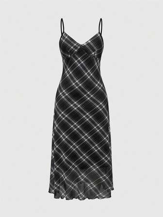ROMWE Spring/Summer Fairycore Women Sleeveless Plaid Minimalist Casual Dress, Suitable For Daily Wear