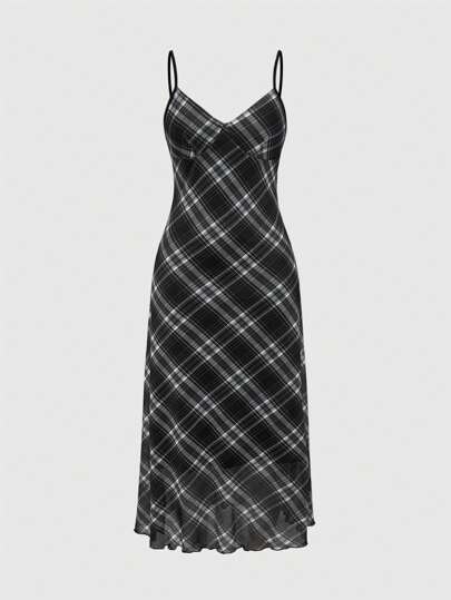 Fairycore فستان كاجوال أنيق بلا أكمام وطبعات مربعات هندسية للنساء، مناسب للارتداء اليومي