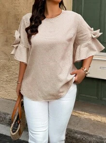 SHEIN Holidaya 大码女式格子圆领蝴蝶袖时尚衬衫，夏季 - 卡其色 - 查看 4