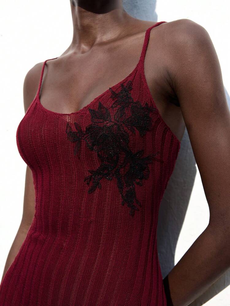 SHEIN Maija Burgundy Bodycon V-Neck Sleeveless Knit Dress, Lace Panel On Front, Fitted Silhouette, Stylish & Elegant, Suitable For Autumn Women Outerwear Midi Dress