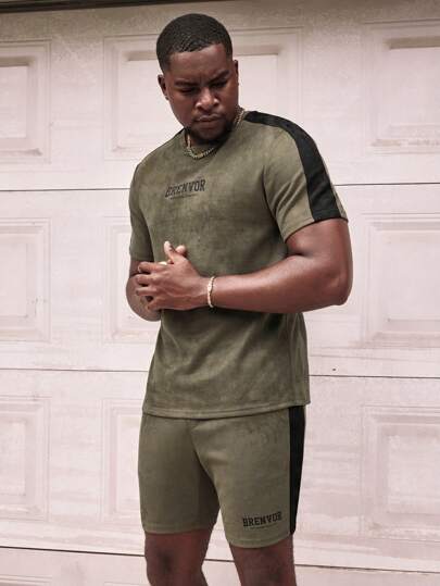 Manfinity VCAY Set de 2 piezas para hombre, camiseta de manga corta casual y holgada de punto, y pantalones cortos rectos de cintura elástica, conjunto de moda de verano