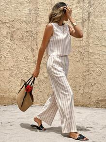 SHEIN Frenchy Women's Striped Crew Neck Sleeveless Top And Shorts 2 Pieces Set, Casual For Summer