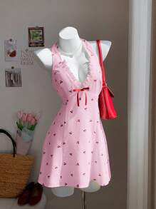 Comfortcana Đầm mini cổ chữ V sâu in họa tiết quả anh đào trang trí nơ gợi cảm cho nữ - Hồng - Xem 4