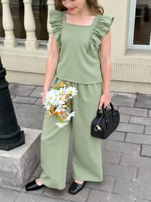 SHEIN Leap Crew Tween Girl 2 Pieces Set: Backless Bowknot Blouse With Ruffle Sleeves & Wide Leg Pants, Textured Fabric - Mint Green - View 13