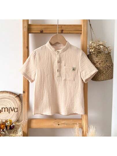 Loomiva 男童休闲梭织纯色贴袋短袖衬衫