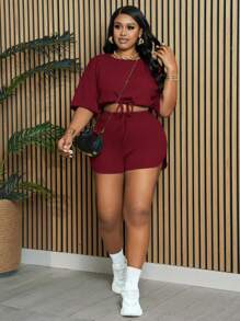 Slaydiva Slayr Plus Size Plain Drawstring Slit Two Pieces Outfits, Casual Summer Set - Burgundy - View 4