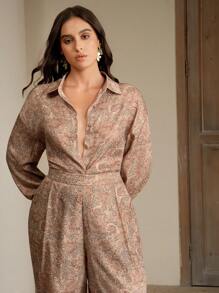 Anewsta Nueva camisa casual de mujer con estampado de flores de anacardo en contraste de color