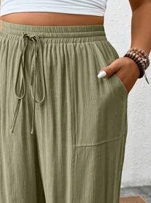 SHEIN Clasi Quần vải kết cấu xếp ly lưng thun co giãn thời trang xuân/hè thanh lịch cho nữ, cỡ lớn - màu xanh lá - Xem 5