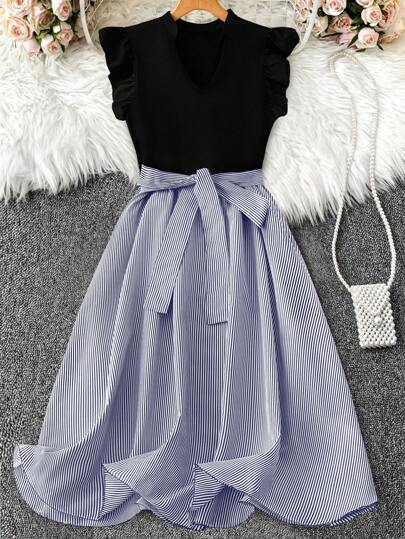 DreamSkyne Plus Size Women Summer V-Neck Short Cap Sleeve Striped Hem Casual Dress