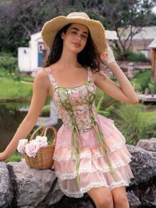 SHEIN 1pc Women Lace Patchwork Graphic Print Body Shaper Top - Multicolor - View 4