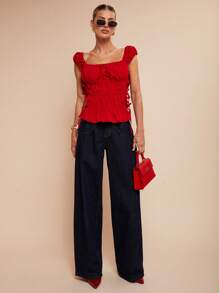 Camiseta de mujer elegante con volantes y lazada lateral para vacaciones, primavera/verano - Rojo - Ver 4