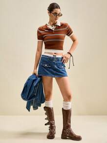 Muvela 女式蓝色牛仔短裙带口袋，低腰迷你裙裤配腰带，INS风，休闲学院风 - 中等水洗藍 - 查看 9