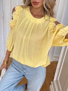 Easowa Women's Solid Color Applique Decor Off Shoulder Pleated Fashion Blouse Butter Yellow Fairycore Flowy Top Going Out Tops - Yellow - View 7