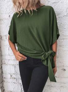 SHEIN LUNE Batwing Sleeve Knot Side Blouse - Army Green - View 5