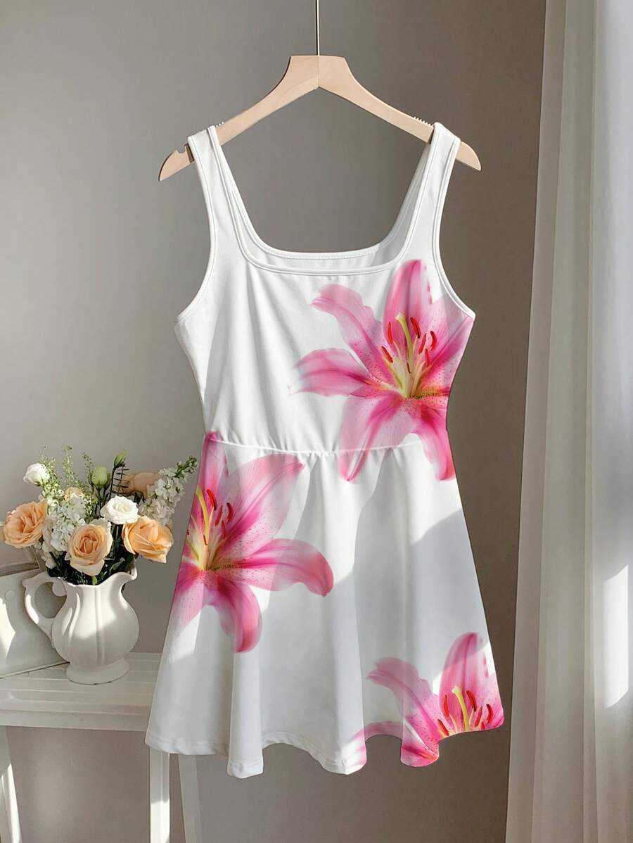 Comfortcana Robe courte à col carré imprimée de fleurs roses, style minimaliste casual, adaptée pour l'été - Multicolore - Voir 1
