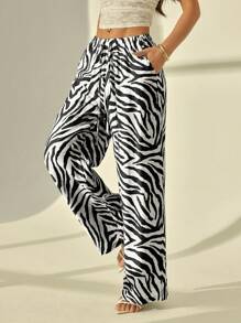 SHEIN PETITE 女士时尚动物斑马纹阔腿裤夏季裤子宽腿裤女式波西米亚风裤子 - 黑與白 - 查看 6