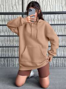 RueChic 棉质袋鼠口袋落肩抽绳保暖连帽衫 - 杏色 - 查看 4