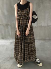 FRIFUL Women's Sleeveless Plaid With Ruffle Patchwork Loose Long Casual Dress Plaid Dress Women Brown Plaid Dress Long Plaid Dress Grunge Dress